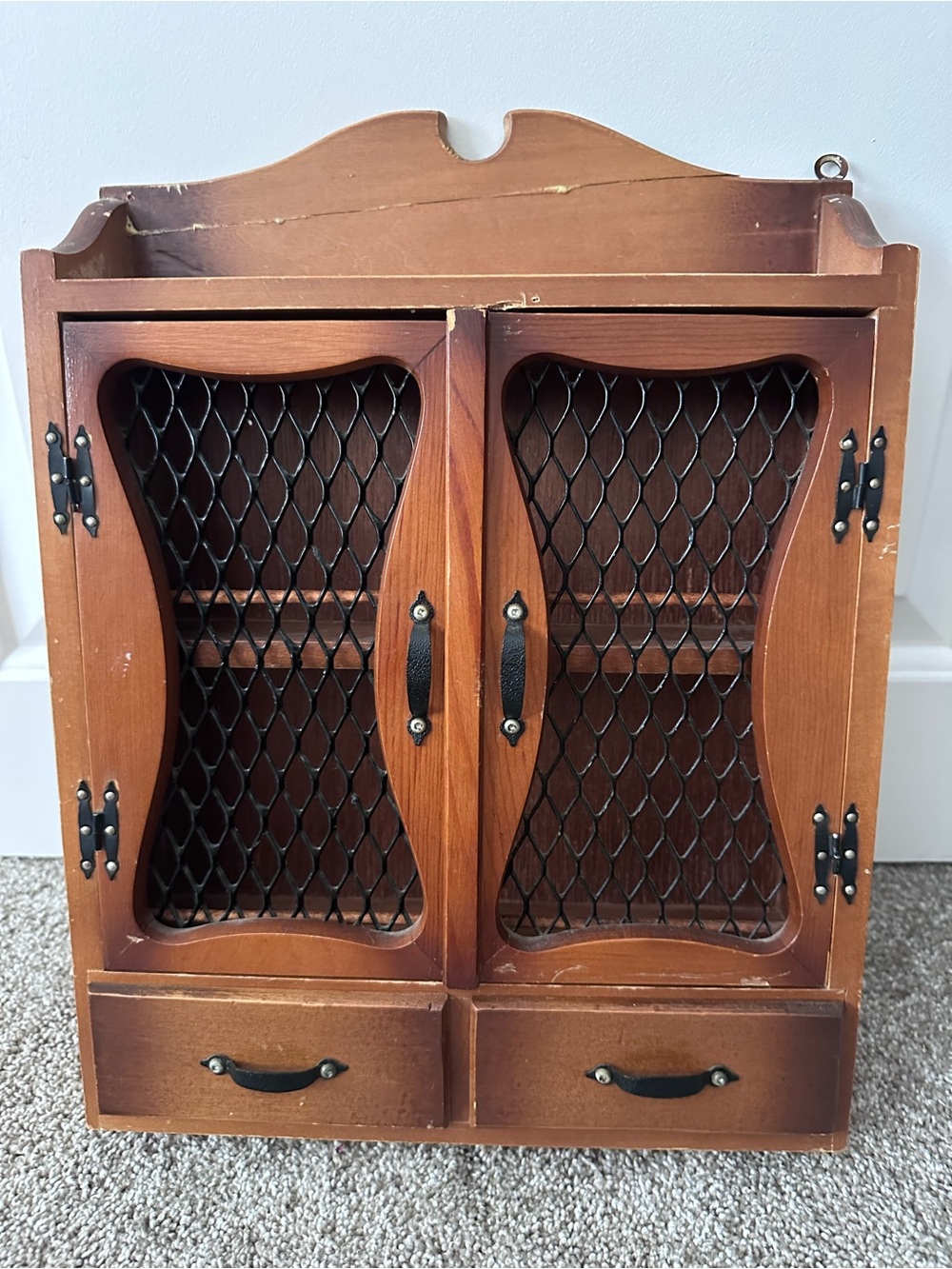 Vintage Wooden Wall Cabinet with Black Mesh Doors - Brown